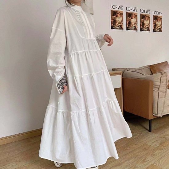 【取寄：納期2週間】ワンピース レディース ロング プリーツ Aライン 体型カバー フレア 長袖 シンプル ゆったり ワンピース レディース ロング プリーツ Aライン 体型カバー フレア 長袖