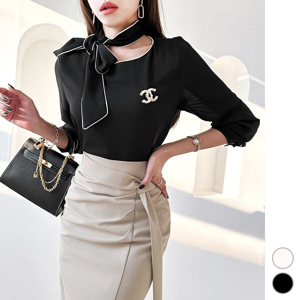 ブラウス レディース トップス 長袖 ボウタイ リボン タイ 配色 上品 きれいめ オフィス 春 秋 韓国 to27157