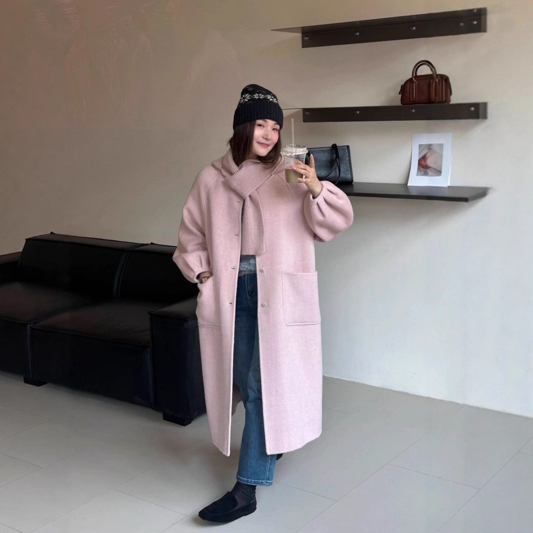 取り外し可能なニット帽ロング丈リラックススタイルダブルフェイスウールコートシングルブレスト大きなポケット厚手のウールの韓国風アウターウェア