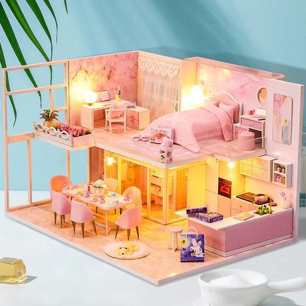 3Dドールハウス家具キット組立ドールハウスプラスledライト防塵カバーセット-アパート家ロマンチックな子供のための大人誕生日ギフト