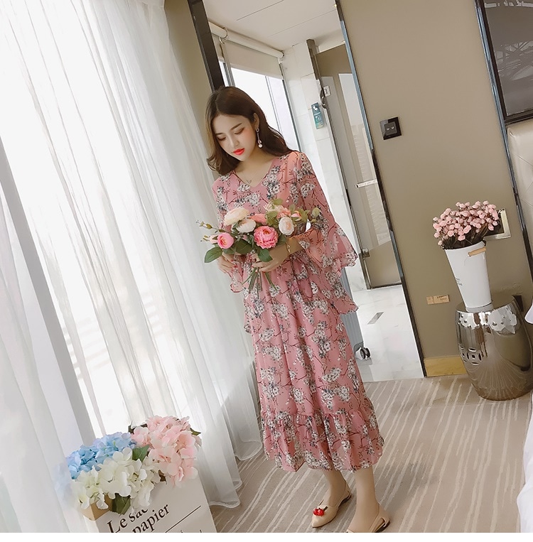 1606.花柄シフォンロングワンピース（ピンク） 2019 春夏 sale 春夏 sale デート 通勤 通学 レストラン お呼ばれ パーティー