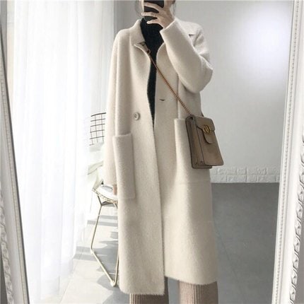 【送料無料】レディース ロングカディガンコート ミンク 模倣毛 カシミヤ ウール 大人可愛い