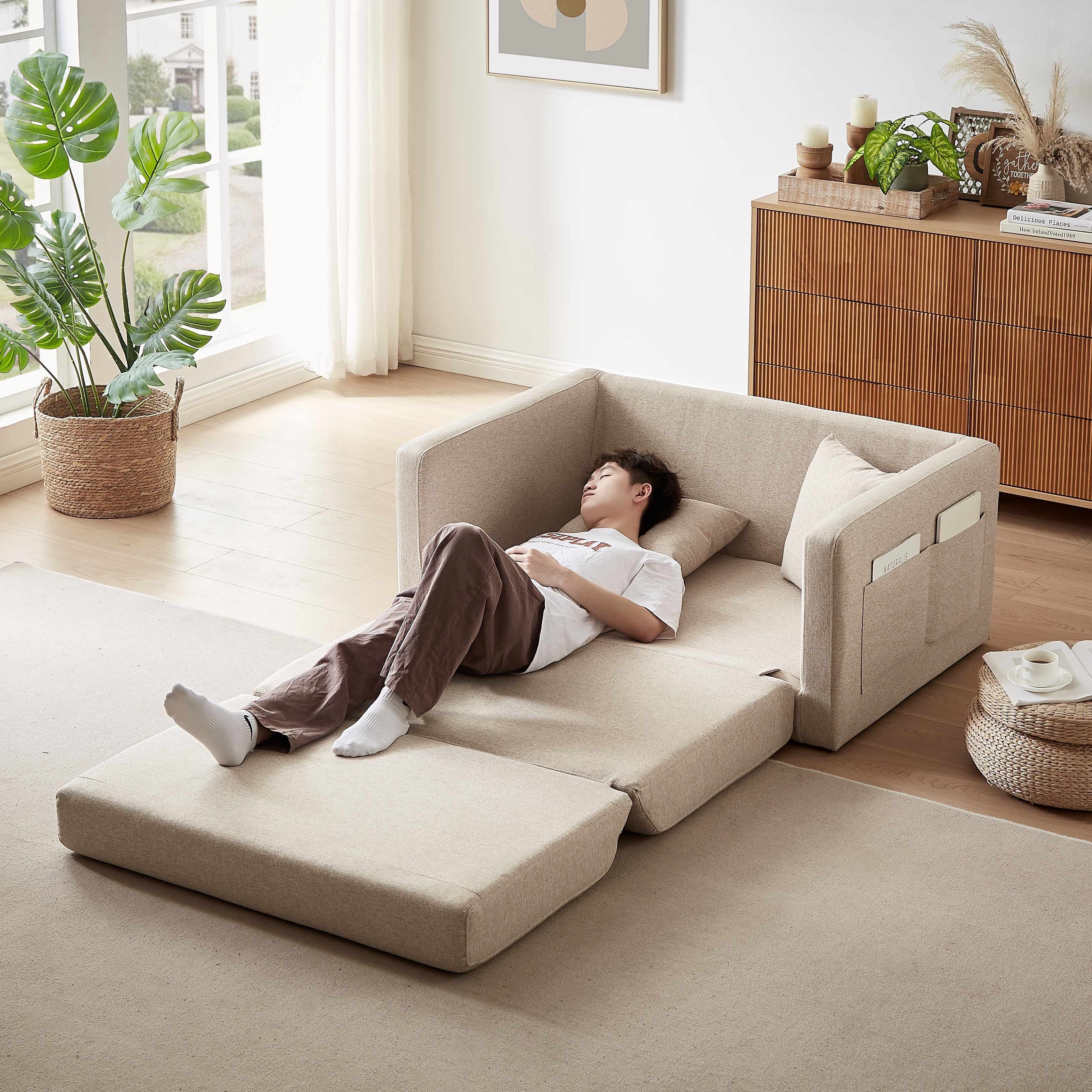 2 seater sofa ソファ 2人掛け 収納付き ファブリック 両側に肘掛け付き 木脚外し可能 ローソファ コンパクト ひとり暮らし カウチソファー W1082P151239