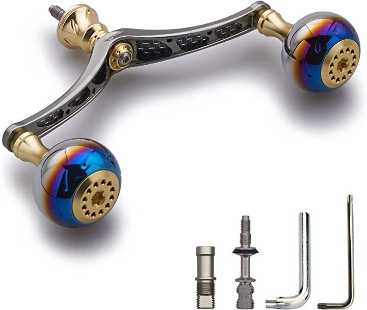 リール ハンドル カーボン&アルミ結合 30mmノブ搭載 シマノ Shimano ダイワ DAIWA 通用 スピニングリール用(ゴールド(ノブ)&ガンメタル(ハンドル), 110mm)