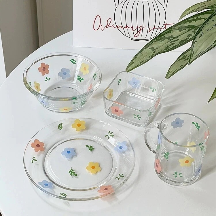 【10点セット】かわいい花のガラスボウル サラダボウル カップ 皿 食器 韓国インテリア　韓国雑貨　コップ405194