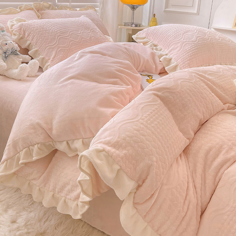 フレンチプリンセス風ミルクフロマージュ4点セットサンゴフロマージュ厚手彫刻花布団カバー両面フロマージュシーツベッド品冬