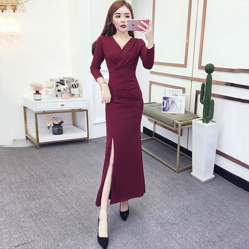 4色 パーティードレス ロング マーメイド スリット キャバ ドレス レディース 長袖 春 夏 秋 タイト 露出 黒 無地 Vネック セクシー かっこいい 個性的 レッド グリーン ワインレッド ブラ