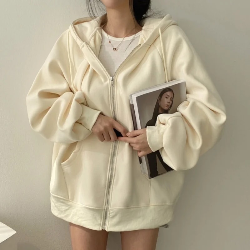 韓国スタイル ChicPlus サイズシンプルな女性のフード付きスウェットシャツカーディガン TrendyinsIdle スタイルジップアップジャケットトップ秋用