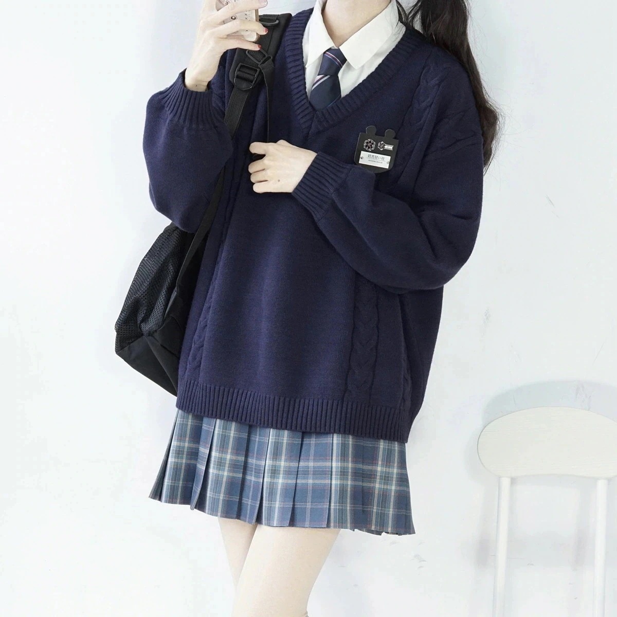 人気SALE ライン入り ケーブル Vネック ニットセーター ホワイト スクール 制服 セーター 男女兼用 入学 通学 中学生 高校生 学生服 レディース メンズユニセックス　02