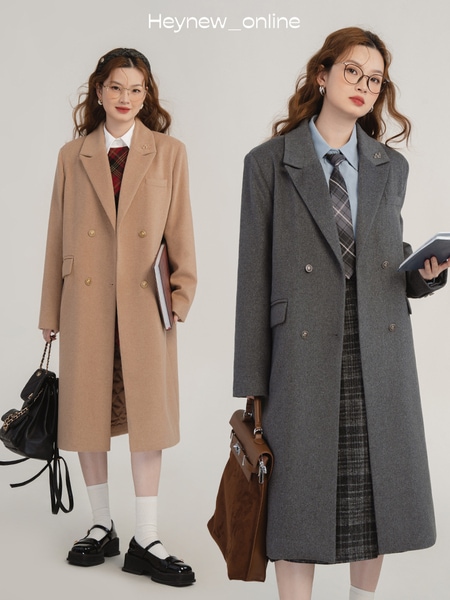 【羊毛】LOVEHEYNEW ウールコート ブラック ミドル丈 カレッジ レディース 秋冬 厚手ウールコート