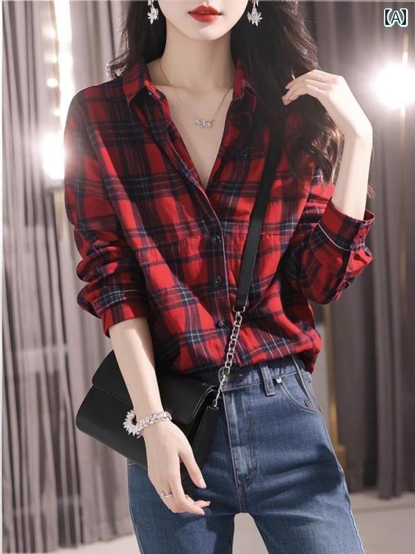 レディース チェック トップス 2025年の 商品. スタイリッシュで 美しく. ユニークで 美しい レトロ 赤い チェック 柄の POLO カラー シャツ レディース トップ