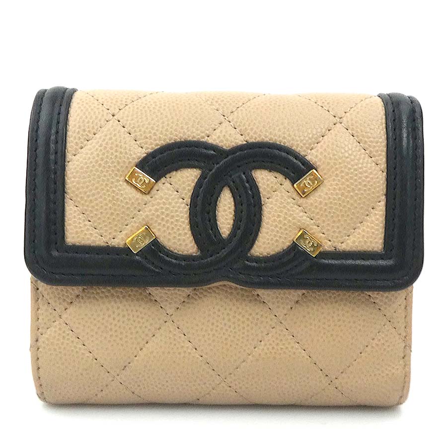 シャネル CHANEL 三つ折り財布 CCフィリグリー キャビアスキンレザー ベージュ/ブラック レディース r11093a