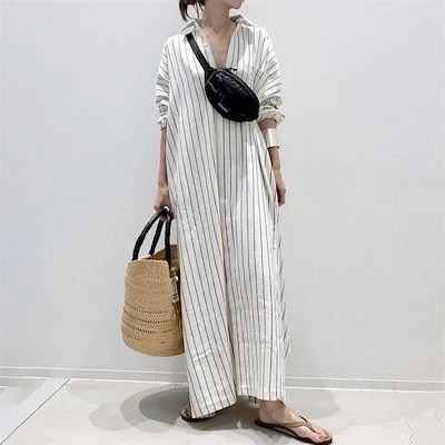 2023春夏 BT ストライプ今週の割引は 25% オフです柄 シャツ シャツ ワンピース おしゃれ 着痩せ リネン素材トップス