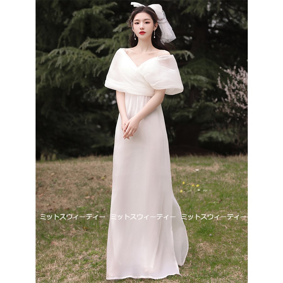 ウエディングドレスロングドレス二次会花嫁パーティドレス結婚式ウェディグドレス白ワンピースリゾートウエ
