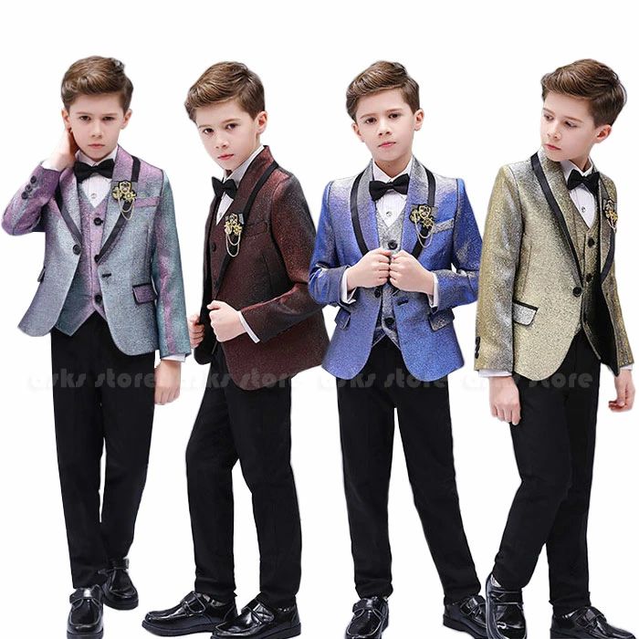 お得セット子供スーツ 男の子 4点セット 5点セット フォーマルスーツ ステージ衣装 キッズ シャケット ベスト パンツ 蝶ネクタイ シャツ グラデーション きらきら テーラードジャケット 子ども フ
