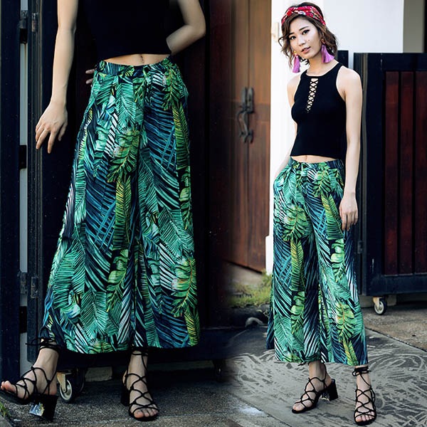 ガウチョパンツ 夏 レディース 7分丈 グリーン L 即納 スカーチョ 7146086 ヤシの葉柄