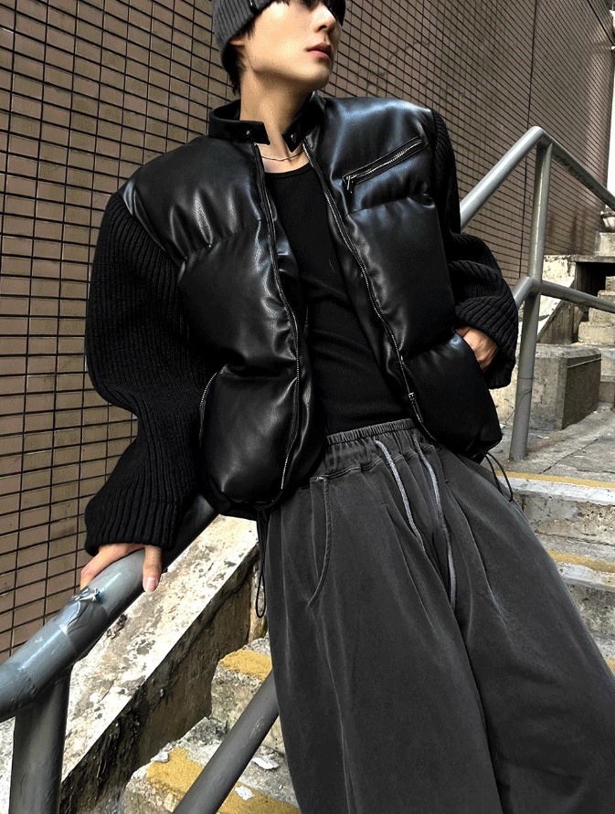 [COSYHARU公式]Deep Black Knit Leather Padding