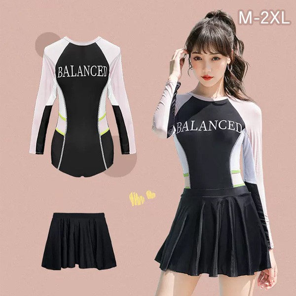 ワンピース水着 服みたいな 水着 2点セット 長袖 スポーツ風 ワイヤーなし パッド付 レディース 着瘦せ カジュアル シンプル セクシー 露出控えめ 写真映え 撮影用 海 夏 サマー プール リゾー