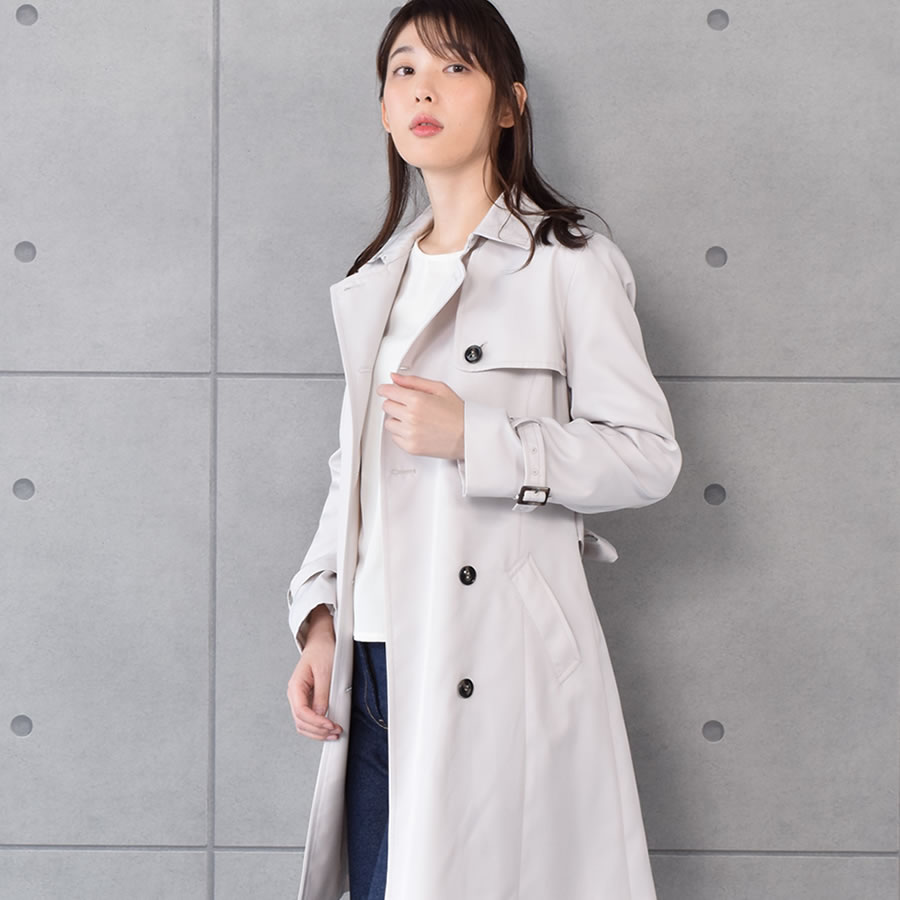 [Merfirge] 蓄熱ライナー付 トレンチコート ミドル丈 花粉対策弱撥水加工(LC3151)レディース ビジネス トレンチ コート シンプル きれいめ 通勤 アウター 90cm丈 入園式