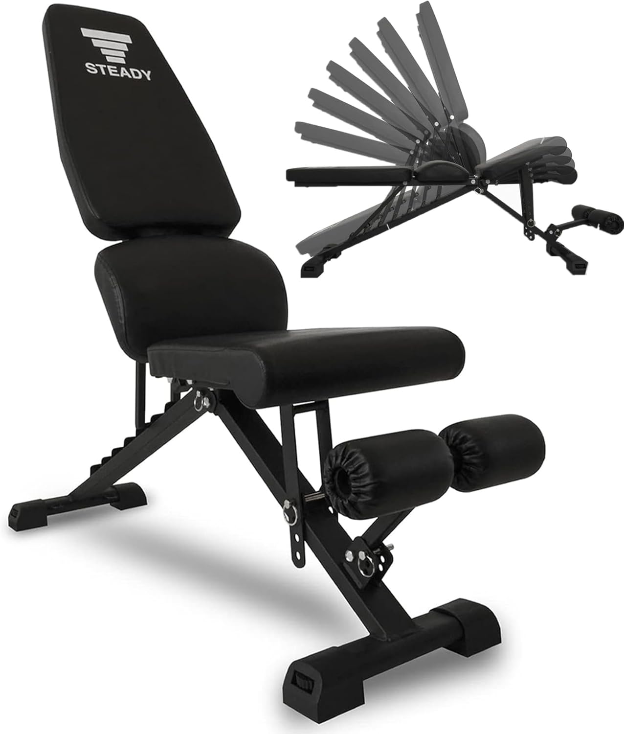 STEADY トレーニングベンチ【耐荷重330kg/背面×座面の角度調整/折畳み可/独自構造の腰保護パッド】ベンチ 腹筋 背筋 インクラインベンチ 筋トレ 足固定 ダンベル ベンチプレス