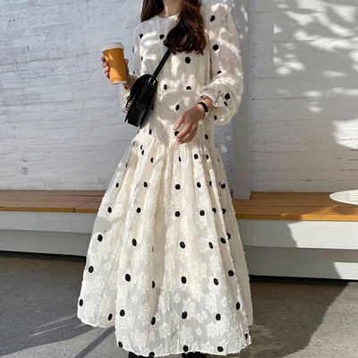 【送料無料】レディース ワンピース ドット ロングワンピース レース 長袖 大人可愛い