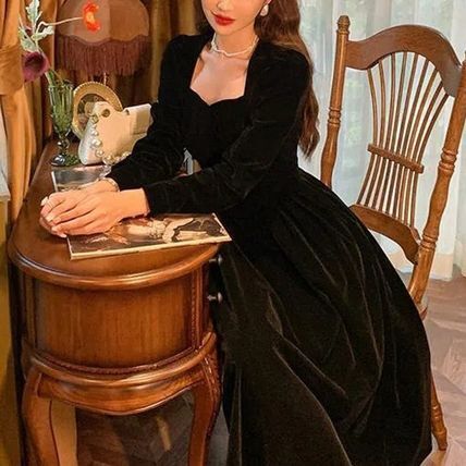 パーティードレス ベロア ワンピース フレア クラシカル 長袖 無地 ミディアム ホームパーティーアイテム ミモレ丈 謝恩会 結婚式二次会 シースルー 大人可愛い 上品 おしゃれ エキゾチック