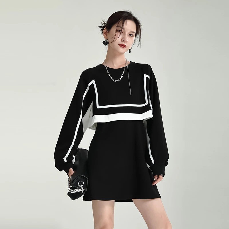 【J.Fashion】 スウェット風 ショートワンピース ニセ2セット レイヤード 春秋 レディース コットン ワンピース ドレス メガ割