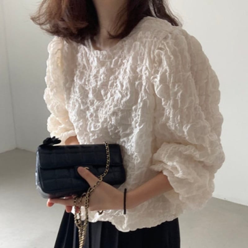 ぽこぽこ ふわふわ カットソー バブル プルオーバー 長袖 シャツトップ 白 黒 韓国 レディース オルチャン ラウンドネック トップス 白シャツ 白トップス 袖あり ボリューム袖 もこもこ