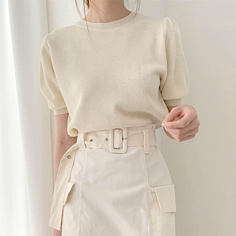 トップス セーター パフスリーブ ニット 半袖 ラウンドネック かわいい きれいめ シンプル カジュアル 大人 上品 S M L XL 大人女子 こなれ感 ラブリー キュート ガーリー 無地 春 大人