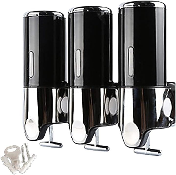 盗難防止ロック付き 浴室 洗面所 詰替え 大容量 ソープディスペンサー シャンプー リンス 壁掛け( ブラック, 3連)