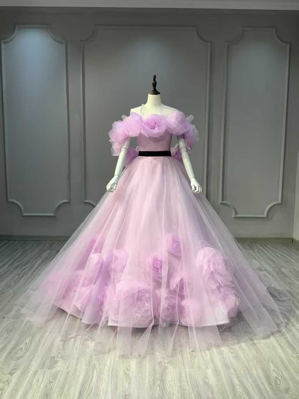 カラードレス ピンク 取り外しオフショルダー 豪華！ サッシュベルト ソフトチュール 結婚式