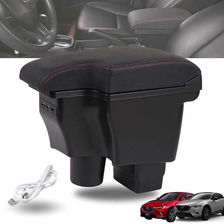 マツダ CX-3 DK5/デミオ DJ3 DJ5 対応 アームレスト コンソールボックス USBポート付( レッドライン)