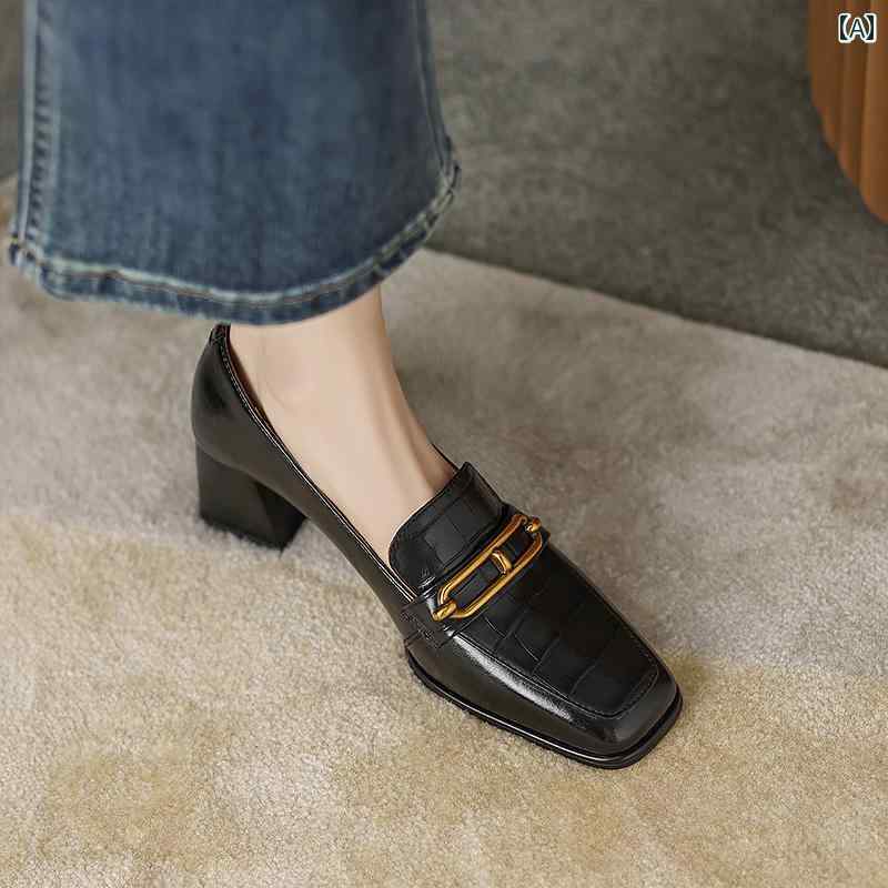 ローファー レディース オフィス 通勤 仕事 春 女性用 スクエアトゥ 英国風 レトロ 深口 シングル シューズ 太い ヒール ハイヒール