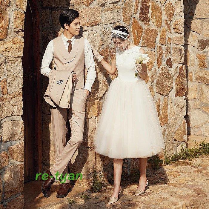 ミモレ丈ドレス ウェディングドレス 結婚式 白ワンピース 二次会 花嫁 Aライン チュールスカート 可愛い パーティードレス旅行 海外撮影 春 夏 秋 ビーチフォト