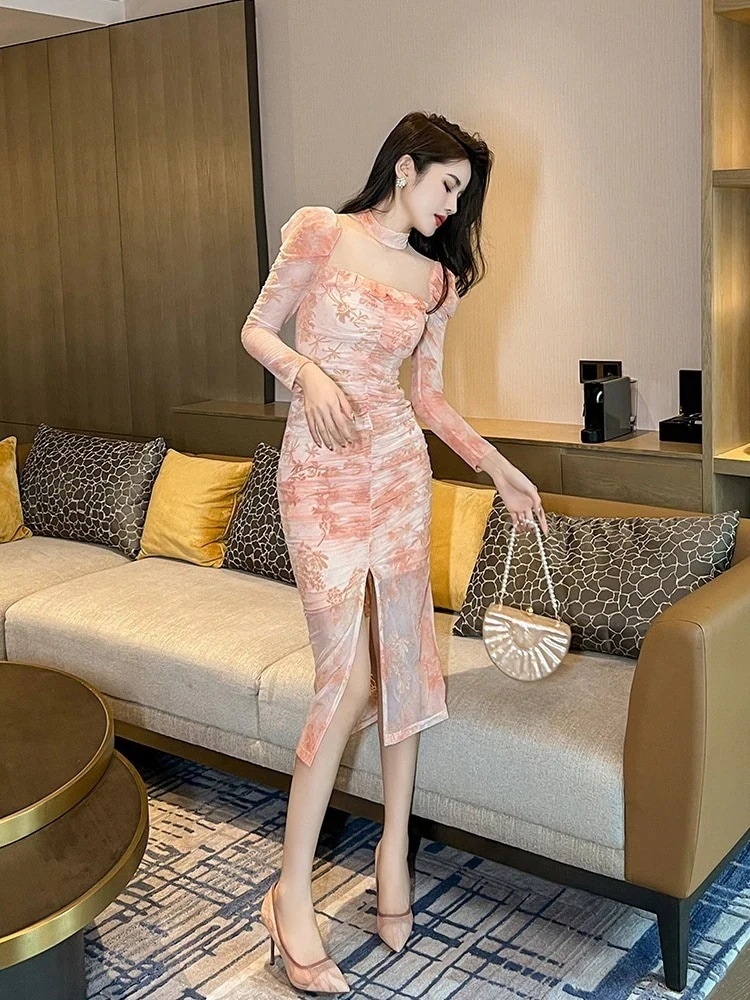 【JY.上品】 秋冬 皺ワンピース スリット スリット スクエア襟 パーティードレス キャバ 着痩せ 大人 同窓会 披露宴 卒業式 結婚式 演奏会 ウェディング 二次会30%までに制限