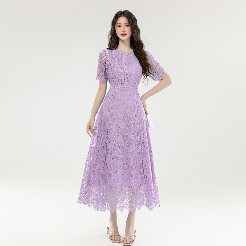 20代向けエレガント感漂うシャンブレーレースロングドレスフレンチシックスタイル