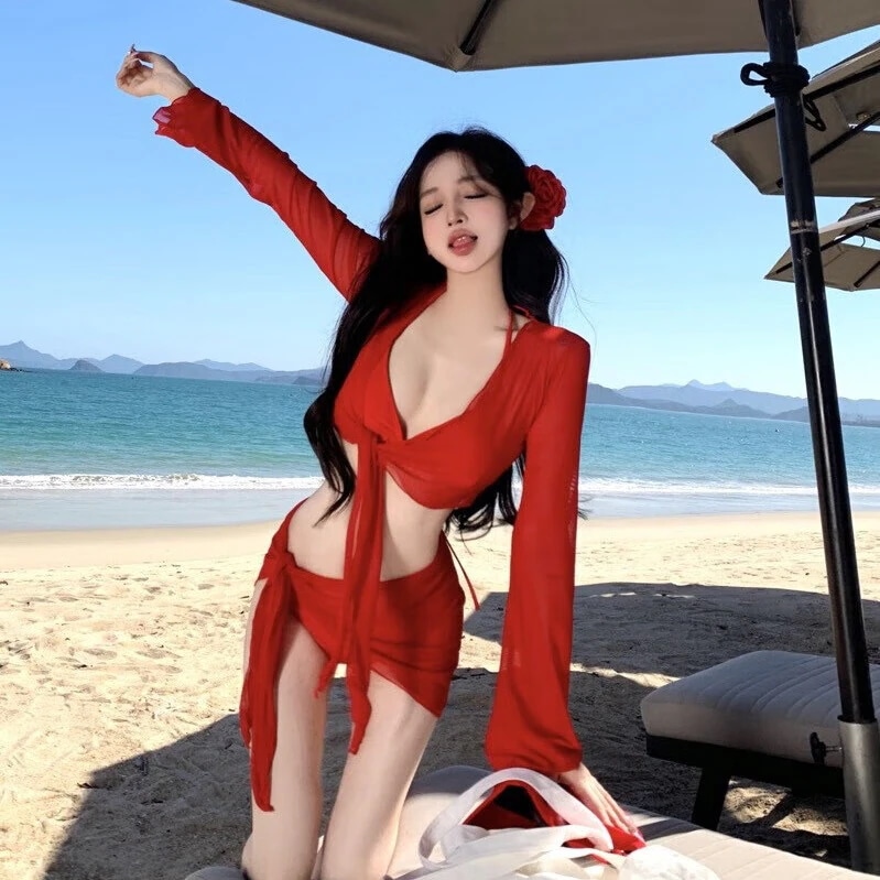 青汐格ビキニ水着女性セクシー4点セットネットレッド新同砂浜温泉2024外着赤い4点セット+頭花【40-60 kg】 5,135円