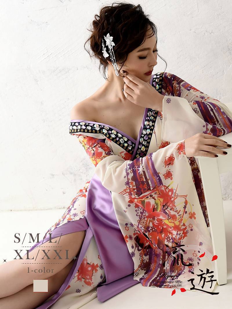 和柄ドレス 和風ドレス 花魁 ロング 大きいサイズ キャバクラドレス XXL 華やか シフォン 着物ドレス 流遊