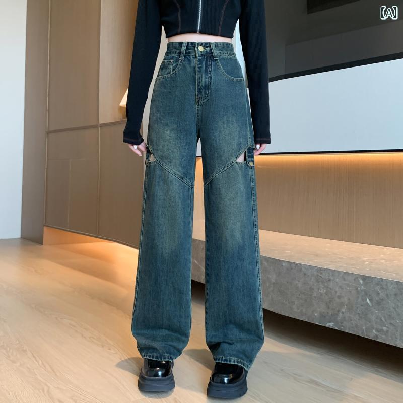 デニムパンツ レディース ダメージ ジーンズ クラッシュ ボトムス アメリカン ハイウエスト 秋 ストレート ワイド ブルー