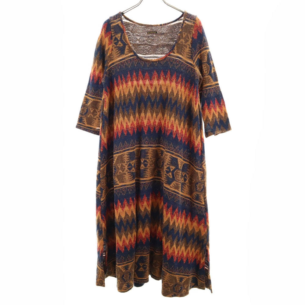 日本製 総柄 5分袖 ニット ロングワンピース XS レディース