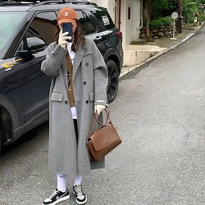 韓国ファッション ロングコート レデイース チェスターコート セミロング ウールオーバー だるい風