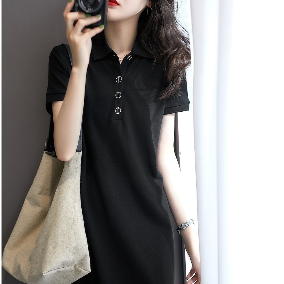 ポロシャツワンピース シャツワンピース 膝上 ミニ丈 袖あり 長袖 Vネック 襟付き ポロカラー Aライン 前開き レース 無地 かわいい きれいめ シンプル カジュアル 大人 上品 おしゃれ