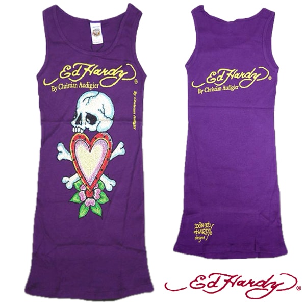 セール エドハーディー レディース タンクトップ 200種類の品揃え Ed Hardy プラチナム ストーン SKULL IN LOVE パープル Tシャツ キャミソール エドハーディー 正