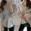 2024年新作韓国ファッションブラウス レディース オフィス 長袖 襟付き vネック シフォン 大きいサイズレディース
