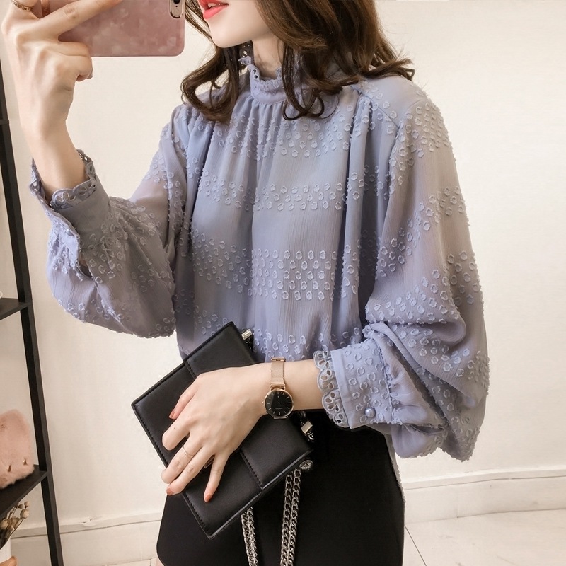 トップス 秋 シフォンシャツ ビッグサイズ ハーフタートルネック ゆったり 韓国 ファッショナブル ルーズ 長袖 ブラウス シャツ バックボタン止め ミドルロング丈 しなやか レース