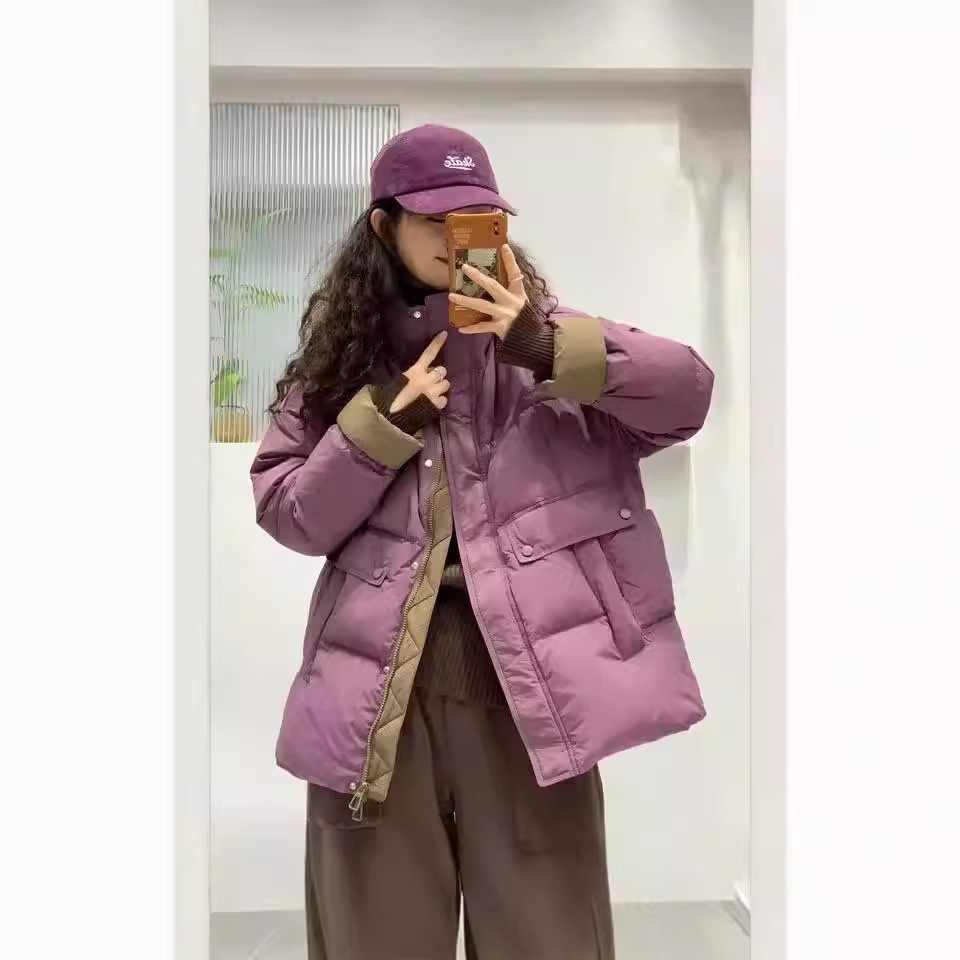 2025年秋冬新作ファッションヨーロッパ商品ミドル丈スタンドカラーダウンジャケットレディース冬コントラストカラーホワイトダックダウンルーズコート