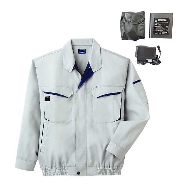空調服 綿ポリ混紡長袖作業着 K-500N カラー:シルバー サイズ M リチウムバッテリーセット
