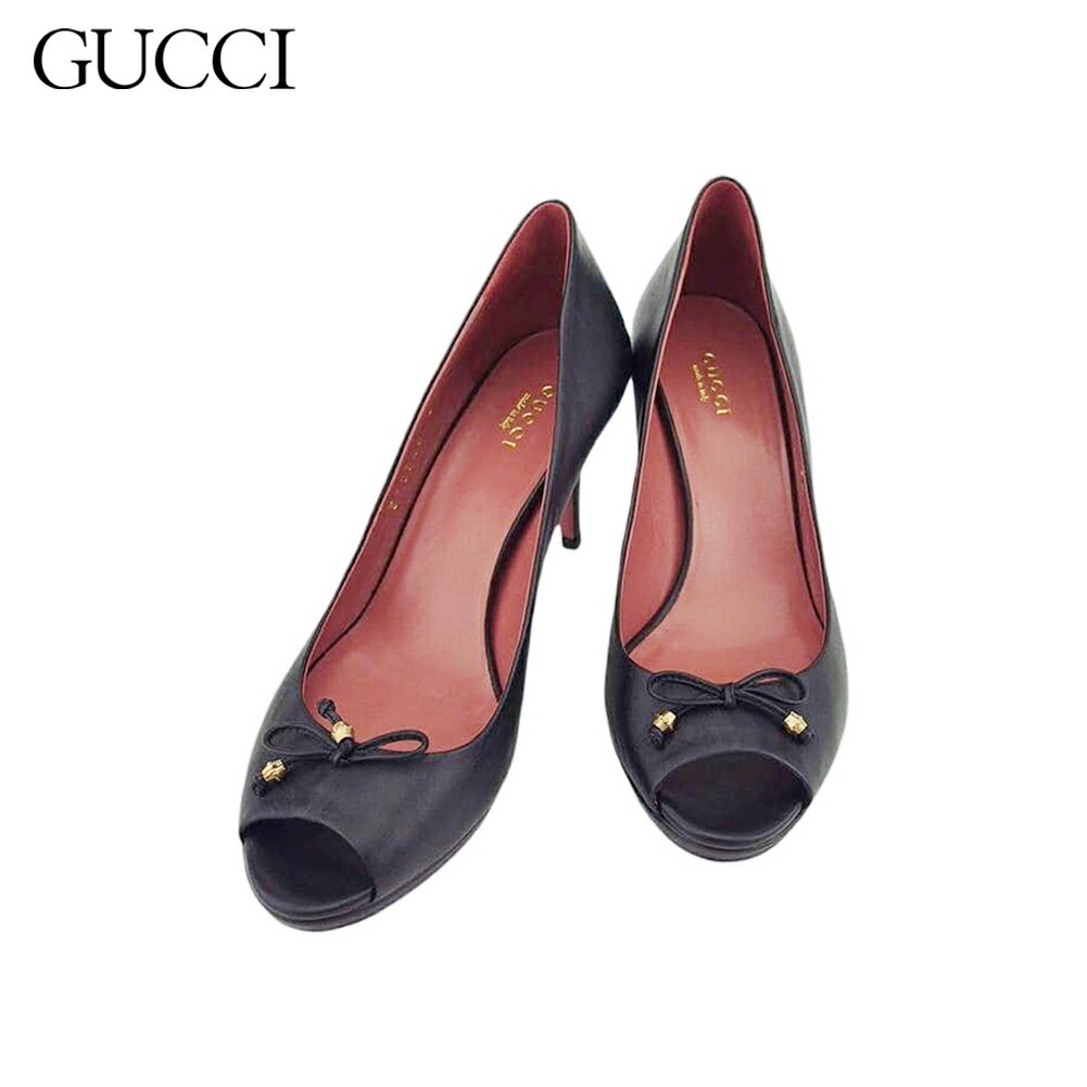 パンプス シューズ 靴 リボン レディース 36 オープントゥ ハイヒール ブラック ゴールド 中古