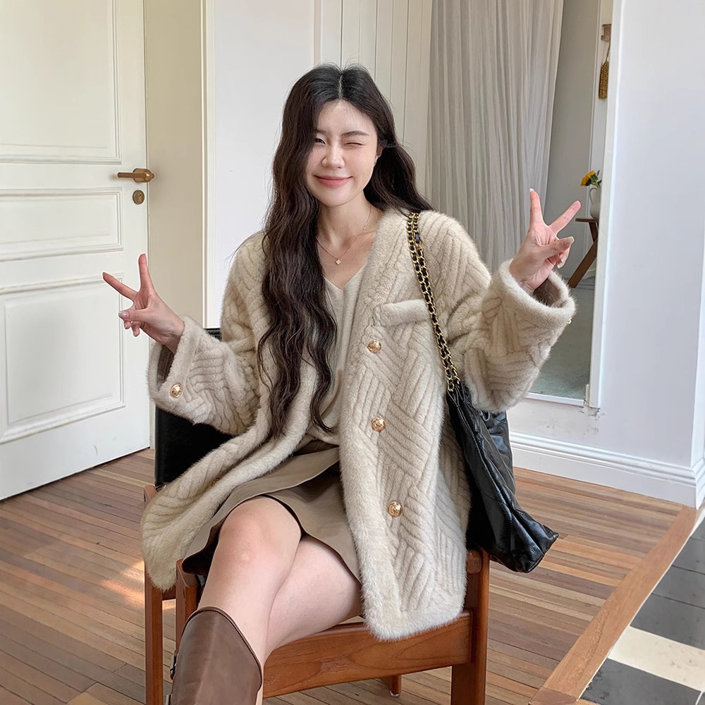 環境に優しい毛皮ワンピースファーコート女性用2025年冬新作イミテーションミンクベルベット厚みのあるファーワンピースファーコート