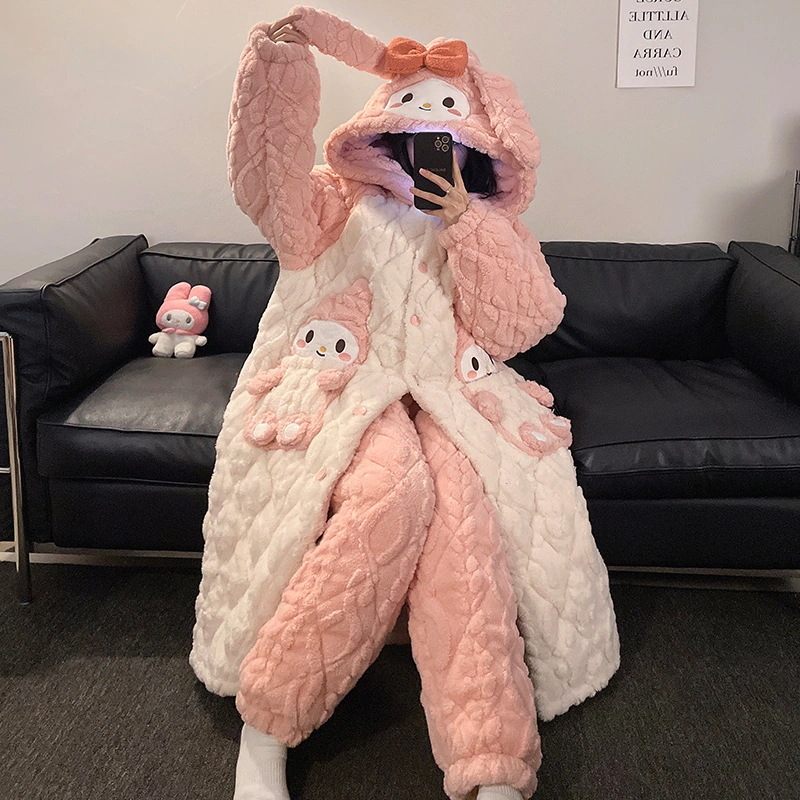寝衣パジャマ女性秋冬サンゴベルベット三層綿ベルベット厚手の長い冬の家庭服セットパジャマ